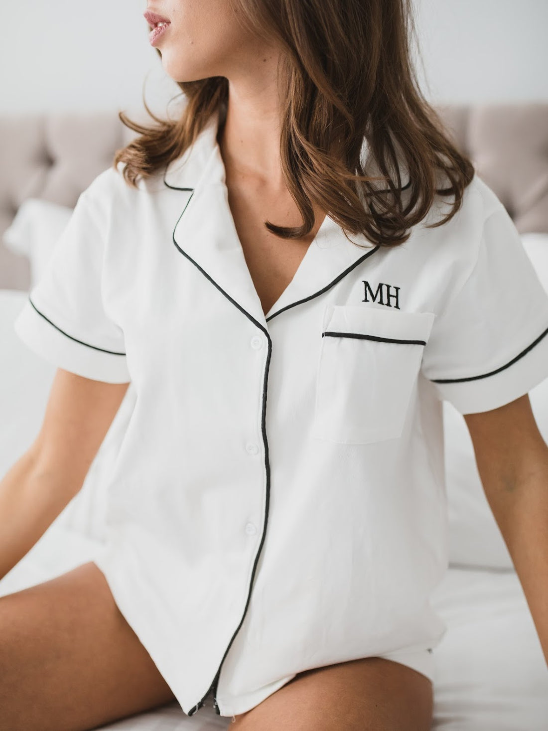 Piped Edge Bamboo Short Pyjama Set in White