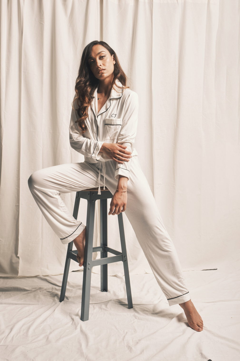 Piped Edge Bamboo Pyjama Set in White