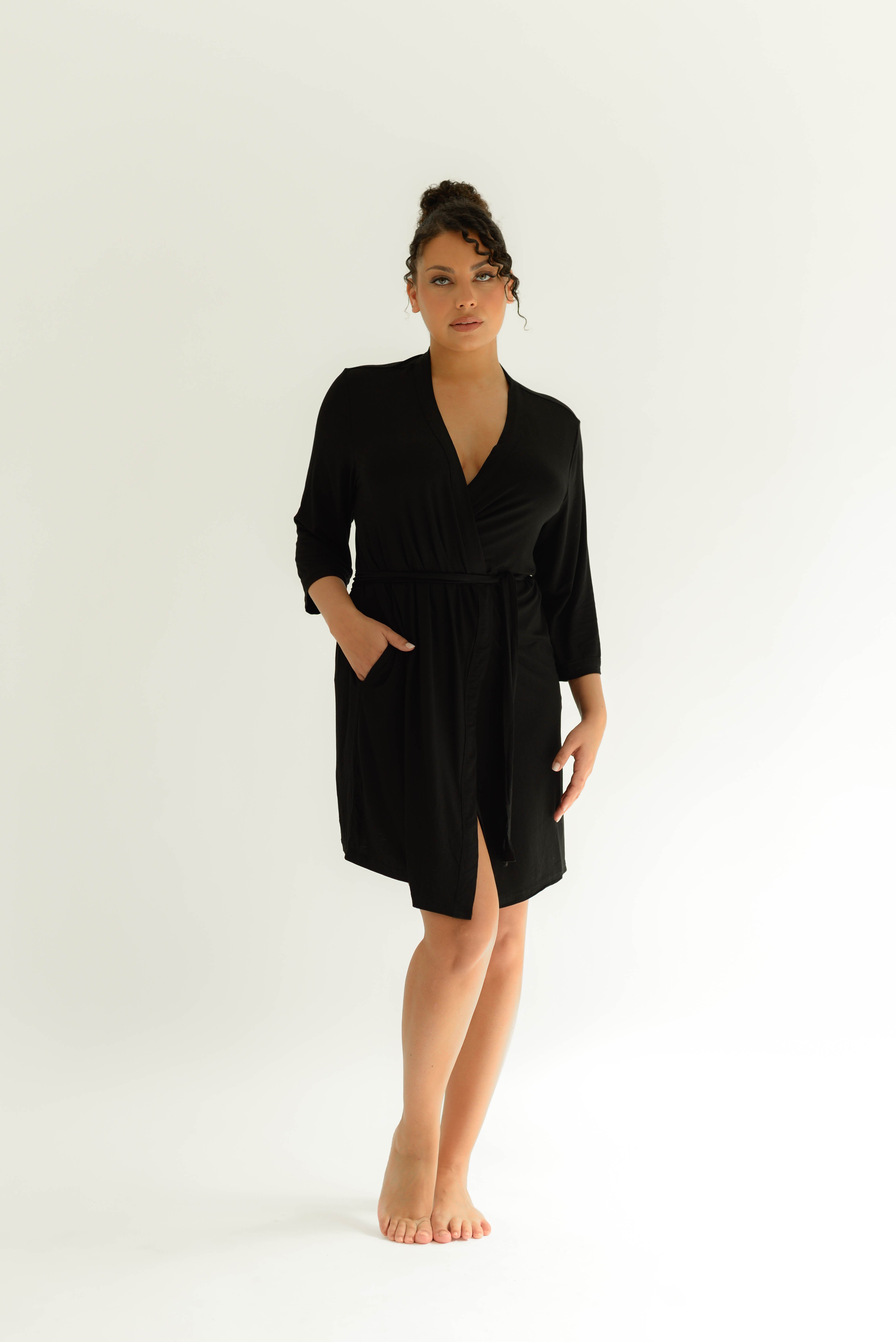 Currant Bamboo Robe Drape Bamboo Robe in Black – Made Wright London