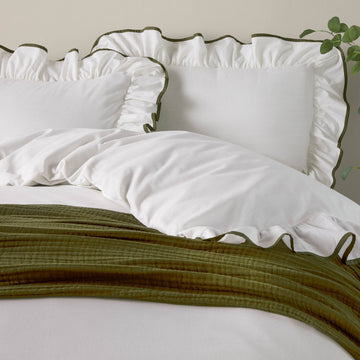 Blousey Ruffled Cotton Pillowcase Pair Olive
