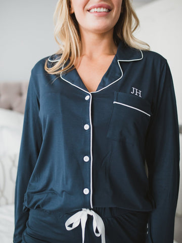 Piped Edge Bamboo Pyjama Set in Navy